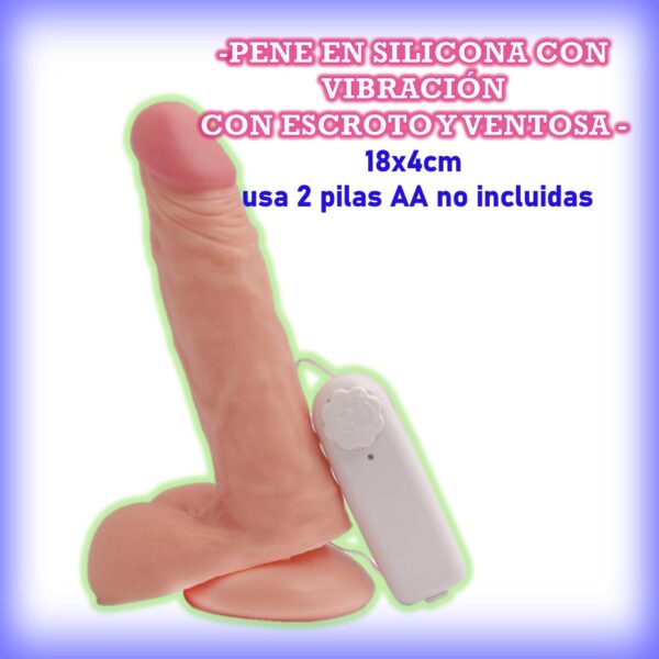Pene en silicona con vibración con escroto y ventosa